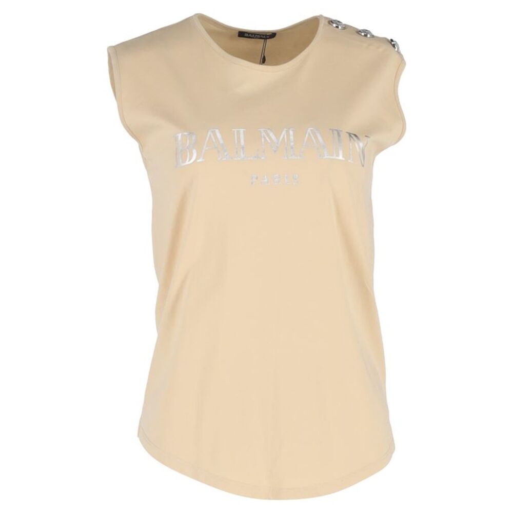 Balmain Logo-Print Tank Top in Beige Cotton